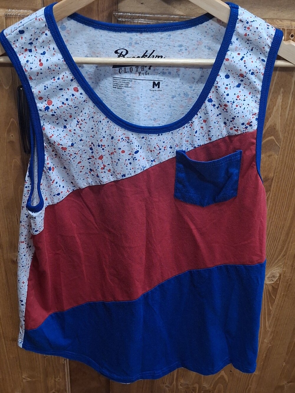 Brooklyn Cloth White Tank with Red and Blue Speckle and Blue Trim Mens Med